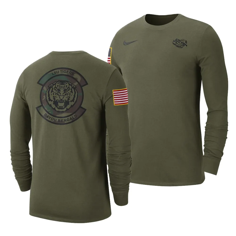 Men's LSU Tigers Olive Military Pack Long Sleeve NCAA Football T-Shirt